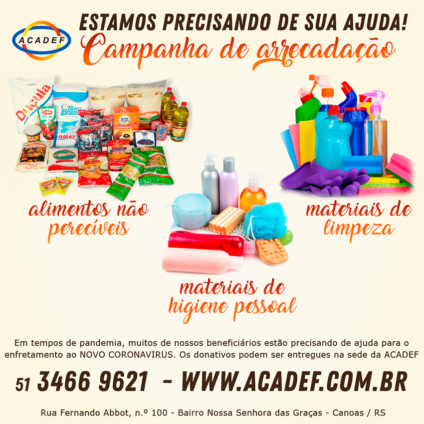 Banner da campanha de arrecadação imagens de alimentos não perecíveis, material de limpeza e de higiene pessoal